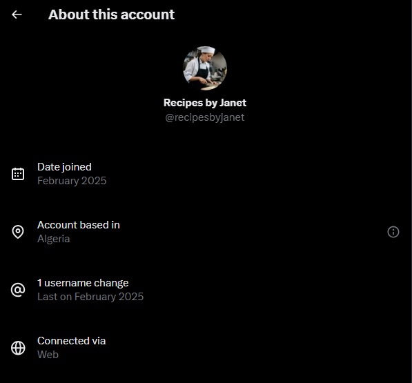 Screenshot of the X “About this account” panel for @recipesbyjanet, based in Algeria and joined February 2025.