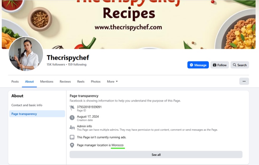 Screenshot of the Facebook page transparency for “Thecrispychef” (15K followers), created August 17, 2024 with a page manager location of Morocco.