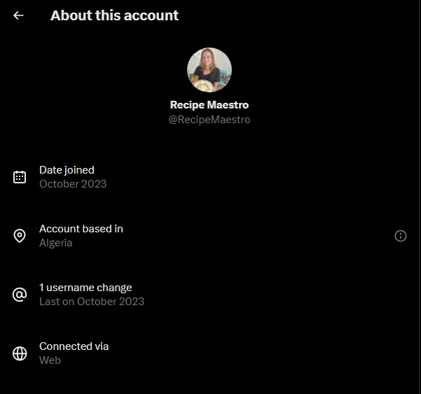 Screenshot of the X “About this account” panel for @RecipeMaestro showing the account joined in October 2023 and is based in Algeria.