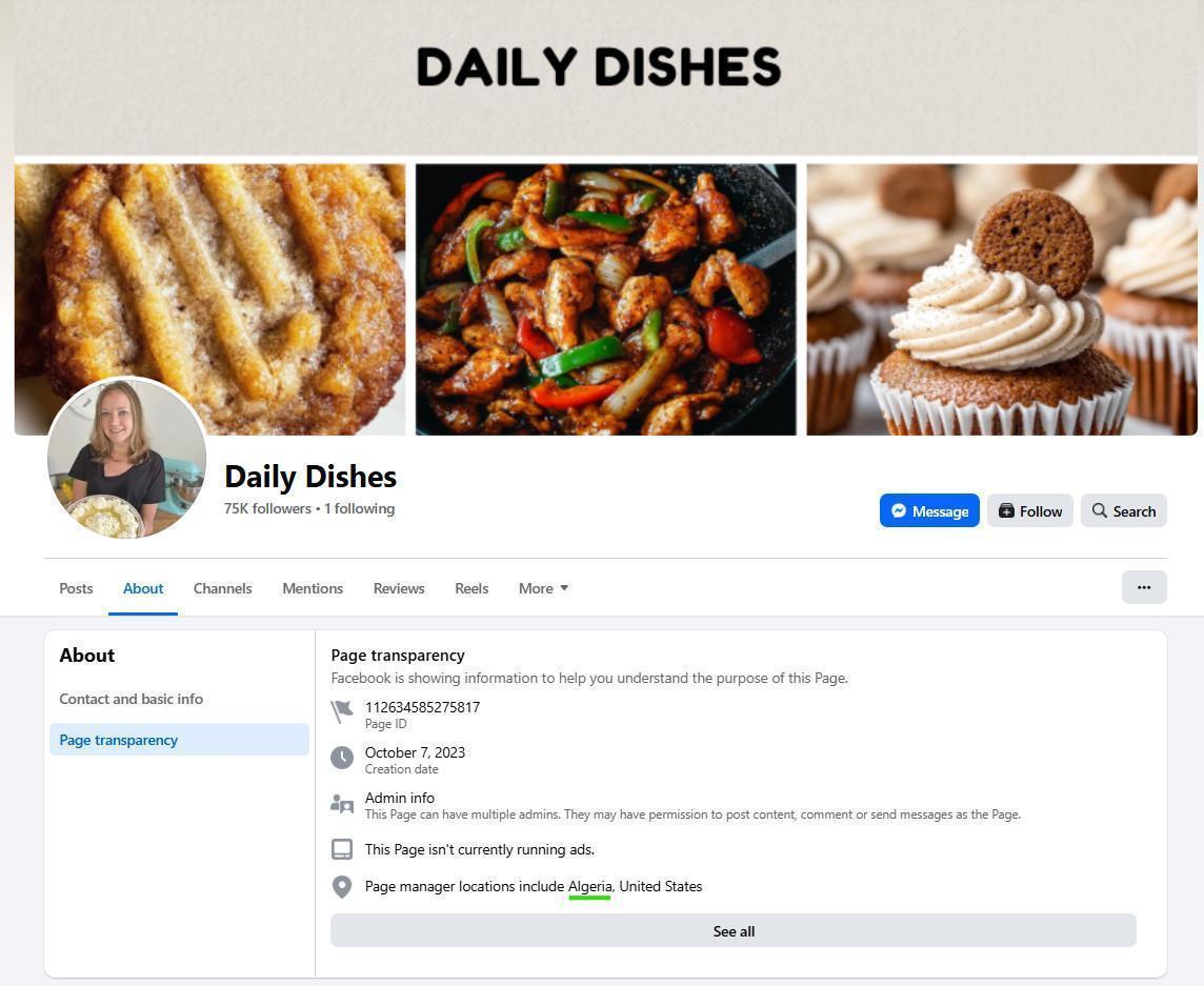 Screenshot of the Facebook page transparency for “Daily Dishes” (75K followers) linked from recipemaestro[.]com, created October 7, 2023 with page managers in Algeria and the United States.