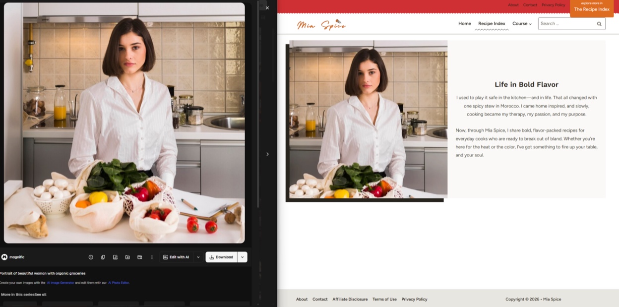 Screenshots, from left to right: the Magnific stock image “Portrait of beautiful woman with organic groceries”, and the same photo on the miaspice[.]com about page.