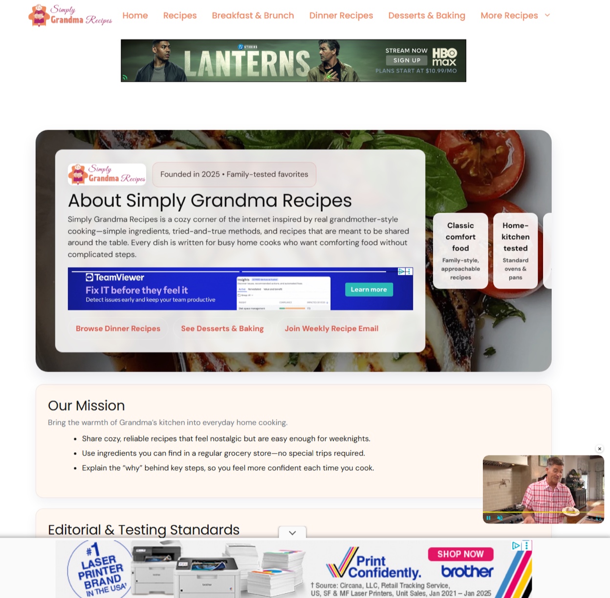 Screenshot of the simplygrandmarecipes[.]com about page, founded in 2025, with ads for HBO Max, TeamViewer and Brother printers.