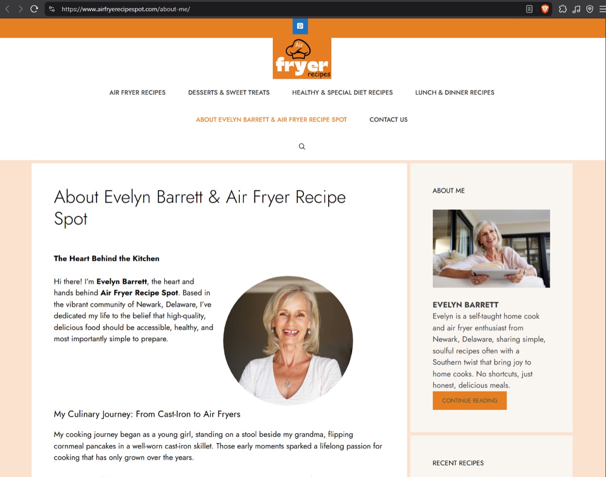 Screenshot of the airfryerecipespot[.]com about page for “Evelyn Barrett”, using a stock photo of an older woman holding a tablet.