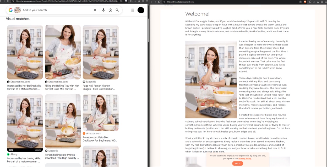 Screenshots, from left to right: Google reverse image matches on Dreamstime, Alamy and an Amazon cookbook cover, and the same photo on the thingstobake[.]com about page for “Maggie Porter”.