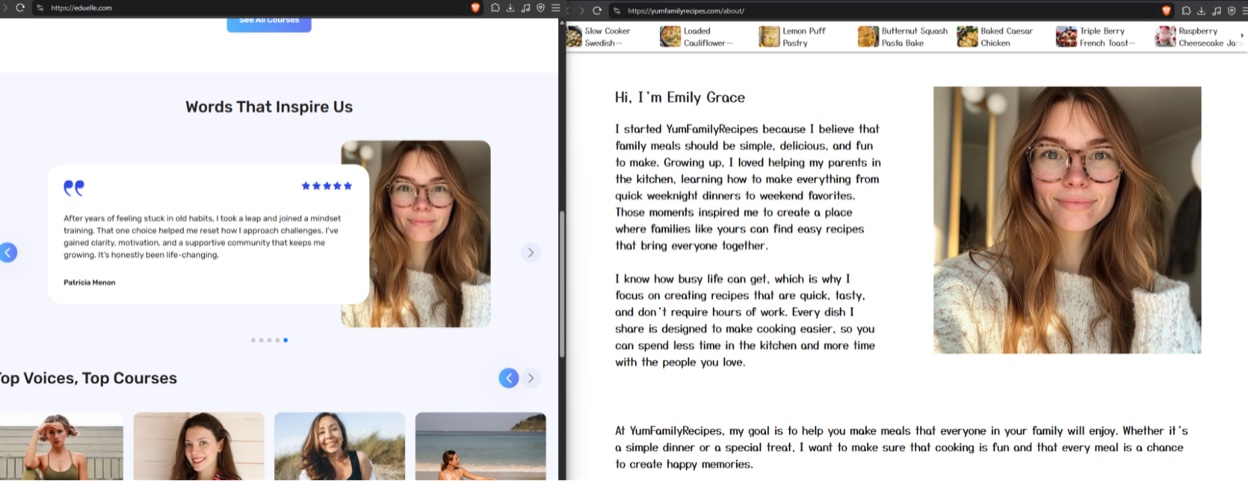 Screenshots, from left to right: a testimonial photo for “Patricia Menon” on eduelle[.]com, and the same photo as “Emily Grace” on the yumfamilyrecipes[.]com about page.