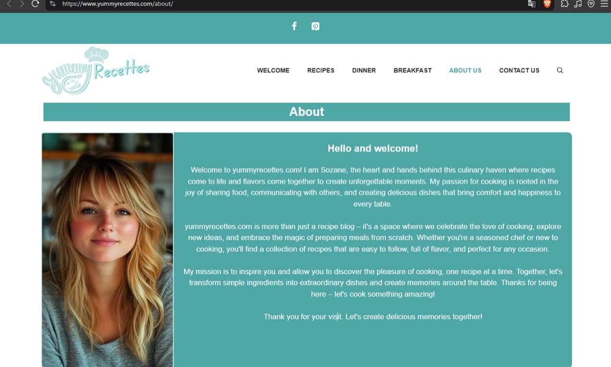 Screenshot of the yummyrecettes[.]com about page with the “Sozane” photo.