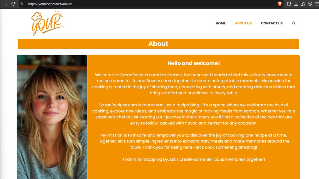 Screenshot of the yourrecipes[.]net about page using the same “Sozane” photo, and welcoming visitors to SozanRecipes.com despite the different URL.