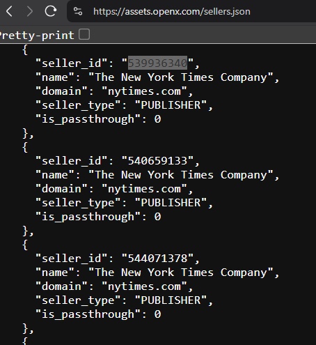 Screenshot of the OpenX sellers.json file confirming the New York Times Company accounts as a PUBLISHER, with the matching seller ID highlighted, taken during a period of this research.