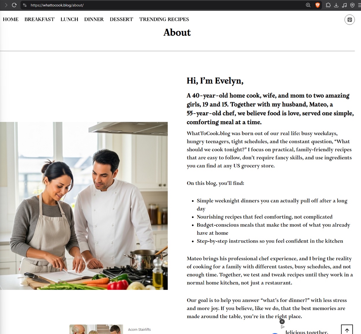 Screenshot of the whattocook[.]blog about page for “Evelyn” and husband “Mateo”, with an Acorn Stairlifts ad at the bottom.