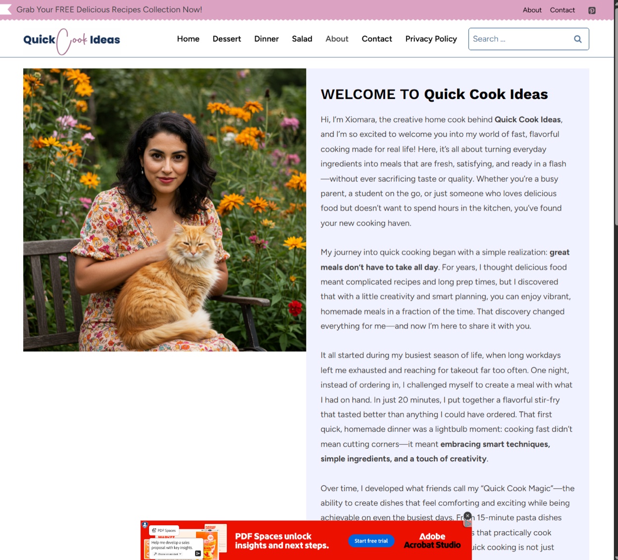 Screenshot of the quickcookideas[.]com about page for “Xiomara” holding an orange cat, with an Adobe Acrobat Studio banner.
