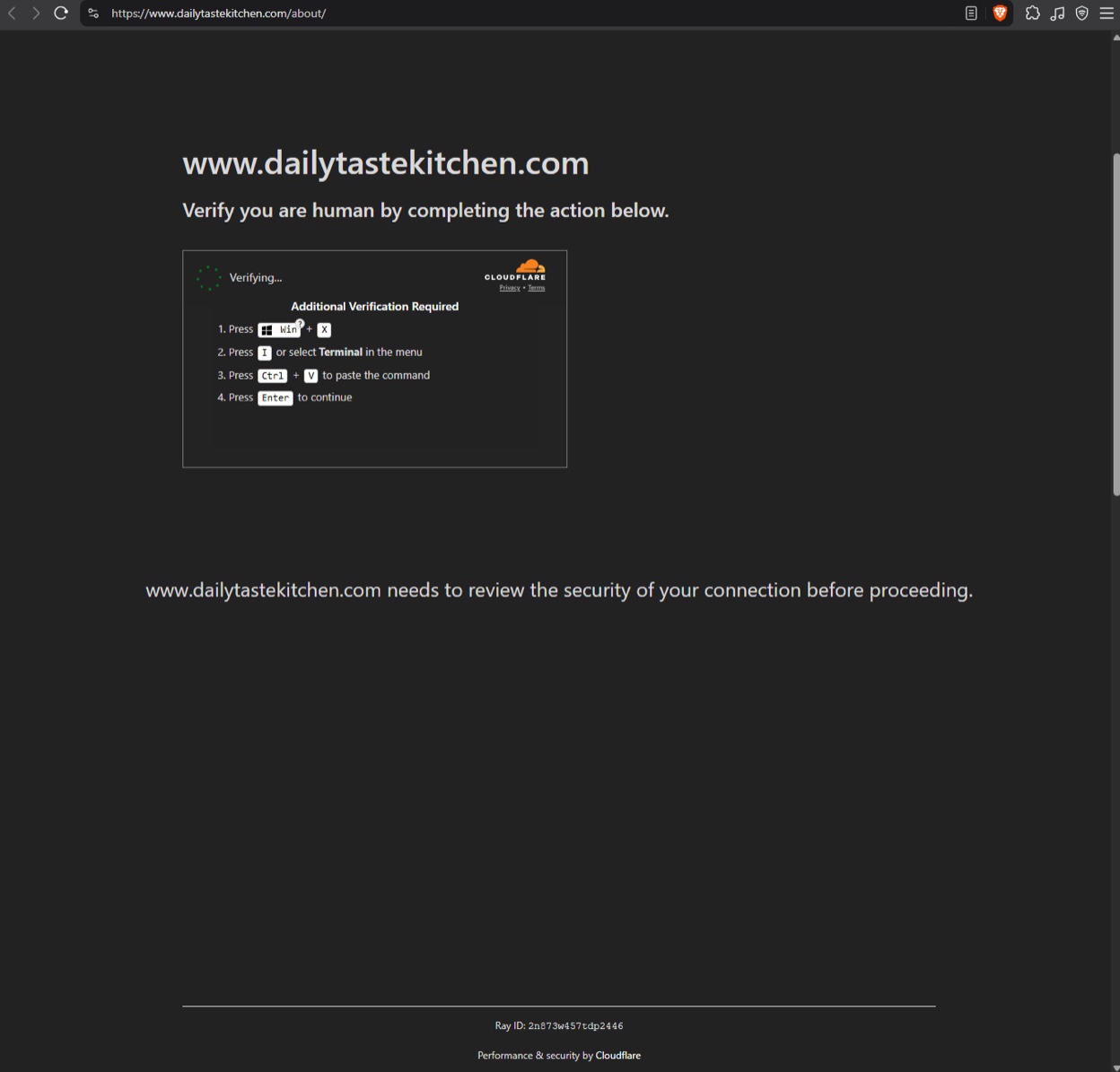 Screenshot of the ClickFix lure on dailytastekitchen[.]com styled as a Cloudflare human verification page, asking the visitor to open Terminal and paste a command.