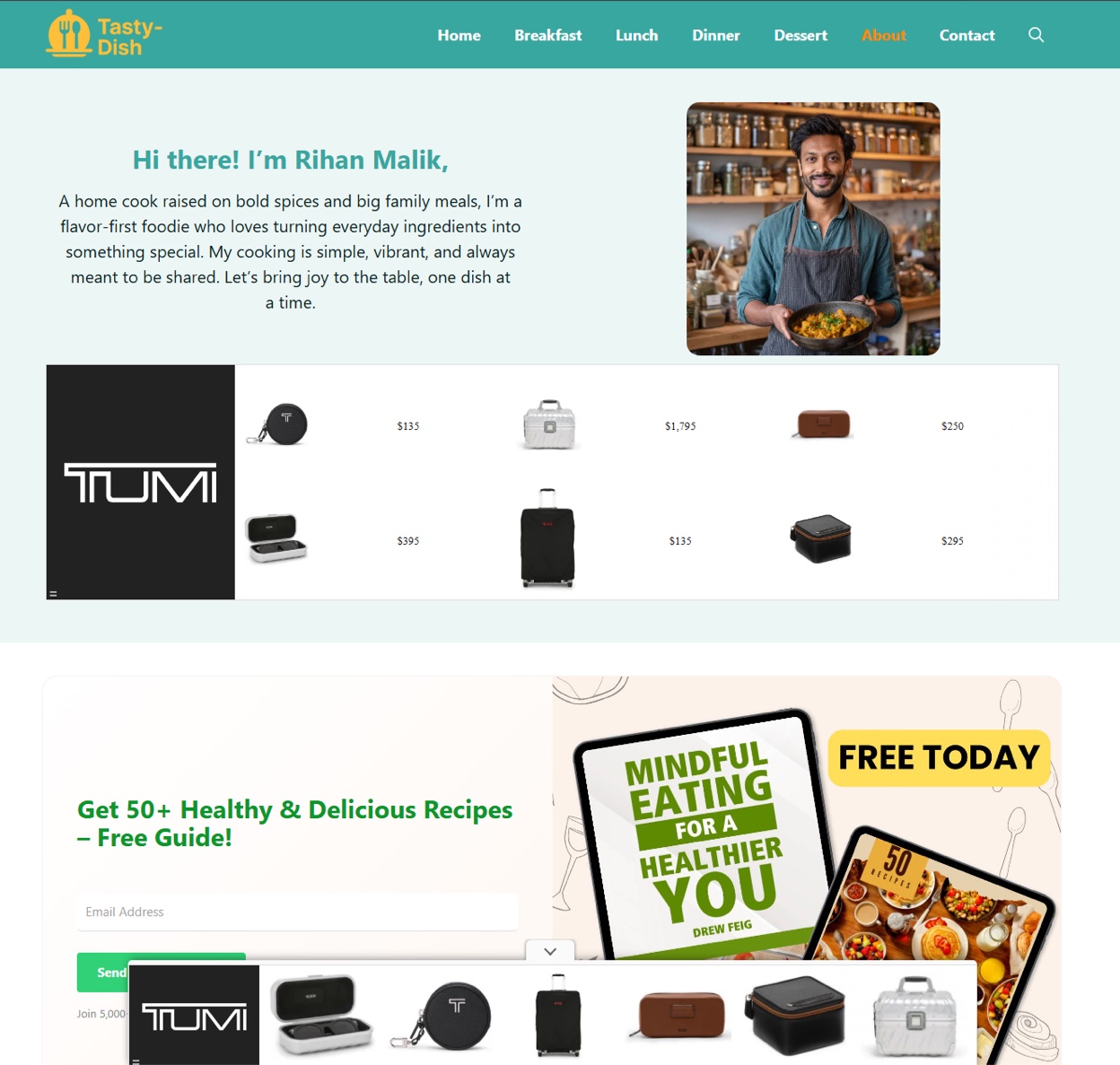 Screenshot of the tasty-dish[.]com about page for “Rihan Malik” in front of spice shelves, with two Tumi luggage ads.