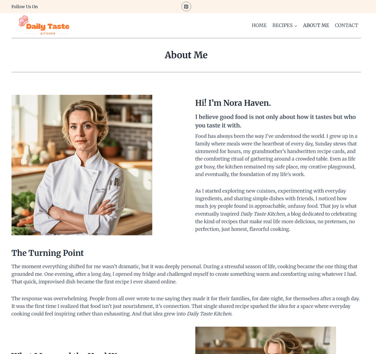 Screenshot of the About Me page on dailytastekitchen[.]com for “Nora Haven”, an AI photo of a woman in a chef coat with garbled embroidery where the name should be.