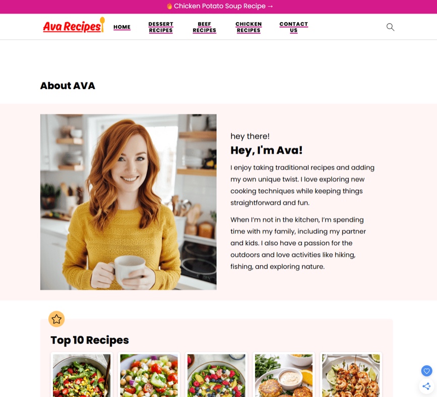 Screenshot of the avarecipes[.]com about page for “Ava” holding a mug, with a bio about family, hiking and fishing.