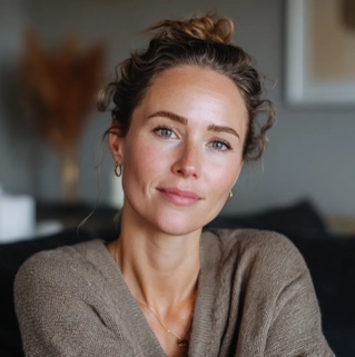 From left to right: two AI author photos from simplygrandmarecipes[.]com, a selfie on a couch by the sea and a close up portrait in a cardigan.