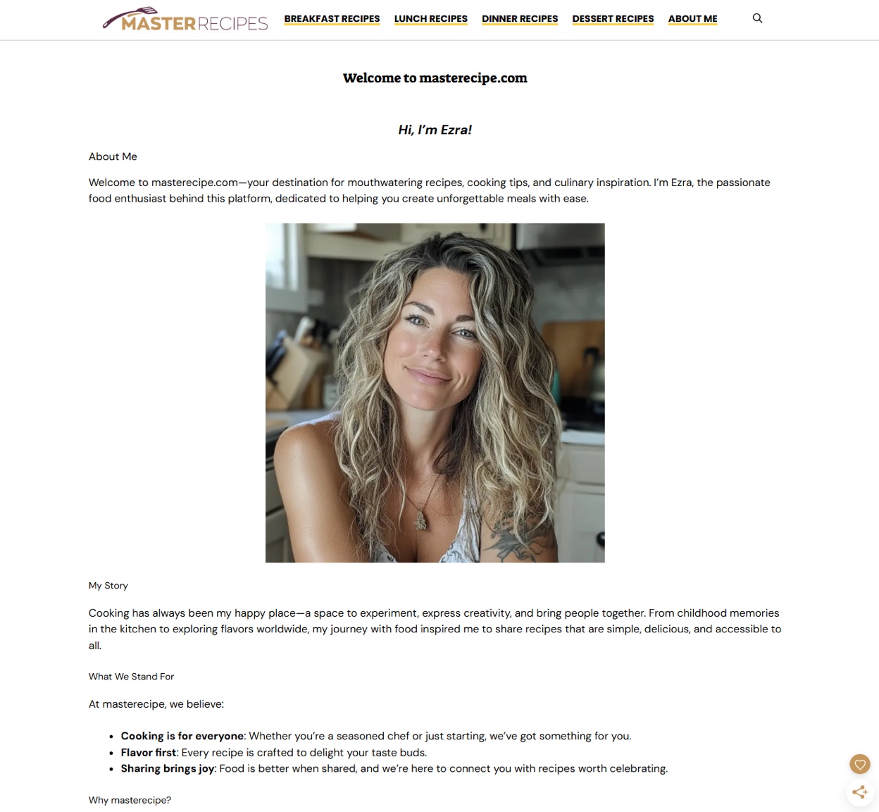Screenshot of the masterecipe[.]com about page for “Ezra” in a kitchen.