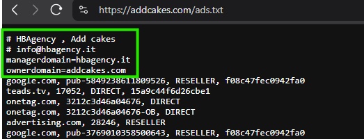 Screenshot of the addcakes[.]com/ads.txt file which notes hbagency[.]it is the Manager of the inventory. This same data and additional context can be found on our DecryptAds publisher page for the domain.