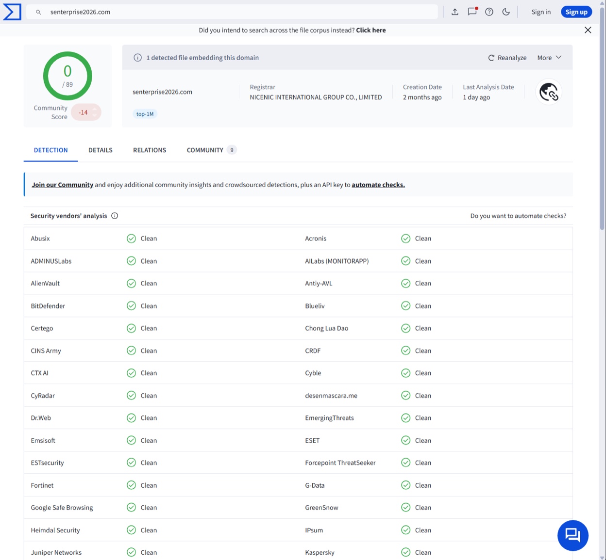 Screenshot of the VirusTotal result for senterprise2026[.]com with zero detections when we first found it on September 10, 2026.