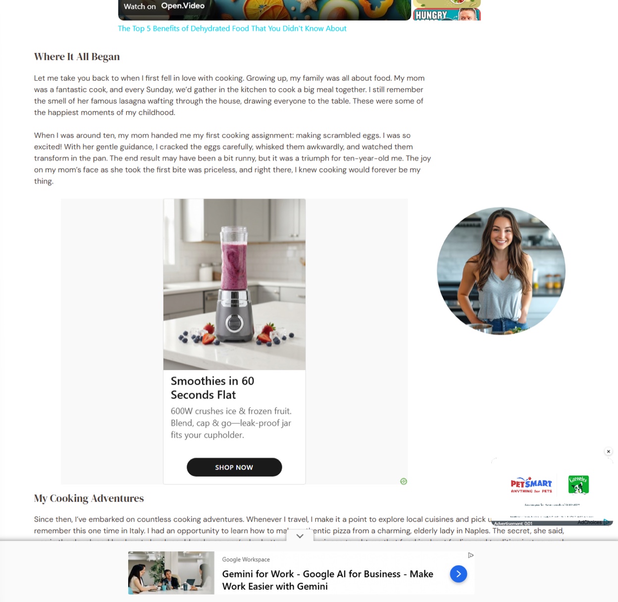 Screenshot of the simplytastyeats[.]com “Where It All Began” section, with blender, PetSmart and Google Workspace Gemini ads.