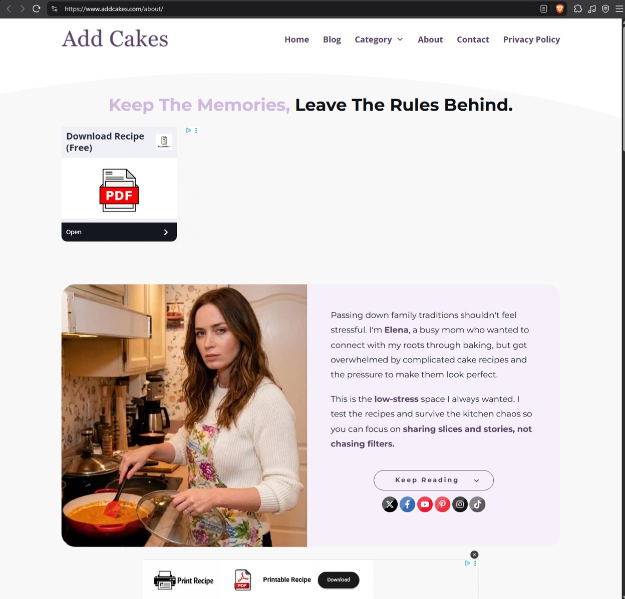 Screenshot of the addcakes[.]com about page for “Elena”, a likely AI edit of actor Emily Blunt stirring a pot in a floral apron.
