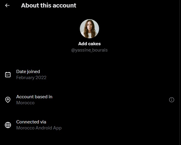 Screenshots, from left to right: the X profile photo for @yassine_bourais, and the X “About this account” panel showing the account joined in February 2022, is based in Morocco and is connected via the Morocco Android app.