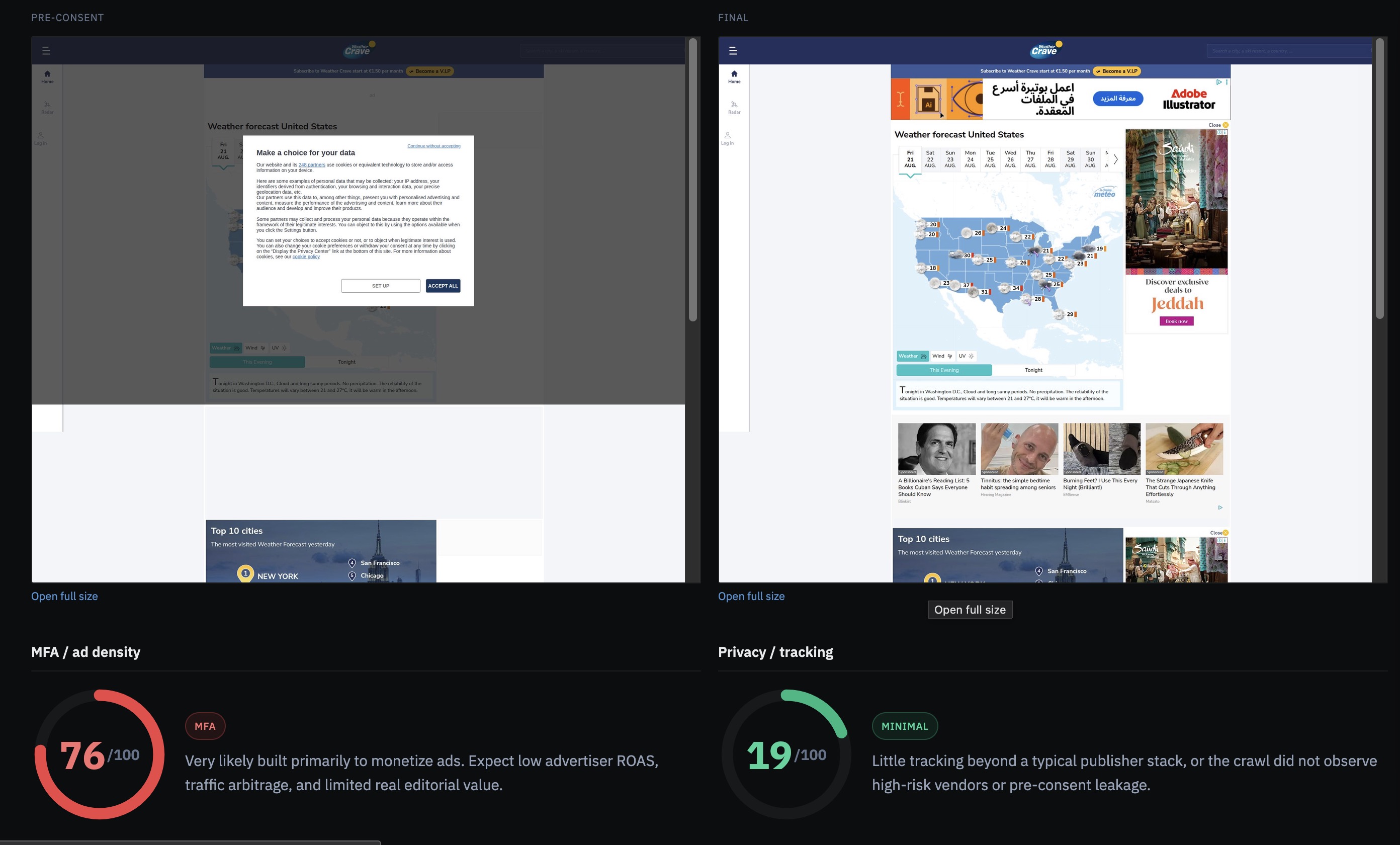 Ad+Privacy Metrics hostname profile with Desktop and Mobile tabs, scoring gauges, Ad metrics, Privacy flags, and Consent window