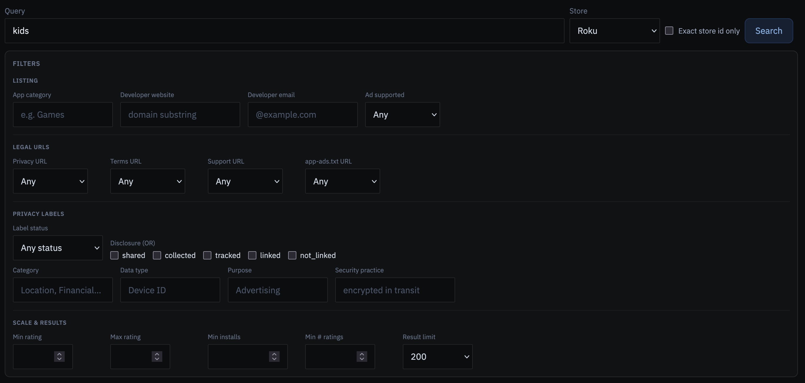 App store catalog Filters panel showing privacy disclosure and category controls