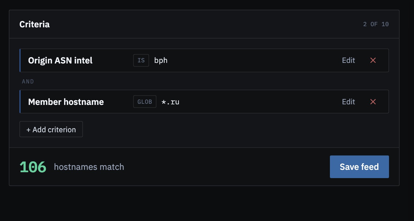 Feed Builder with an origin ASN criterion and the current hostname count