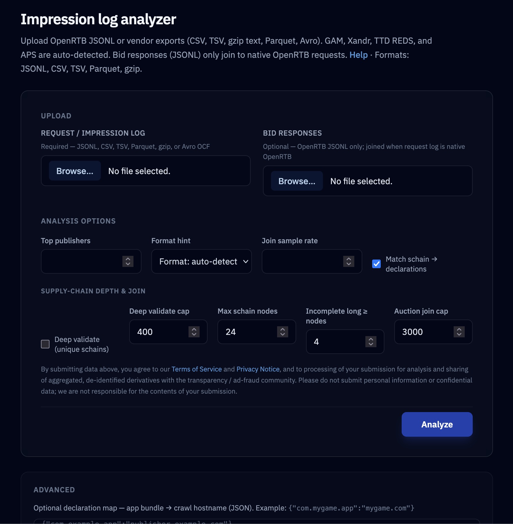 Impression Log Analyzer comparing live ad traffic vs declared supply
