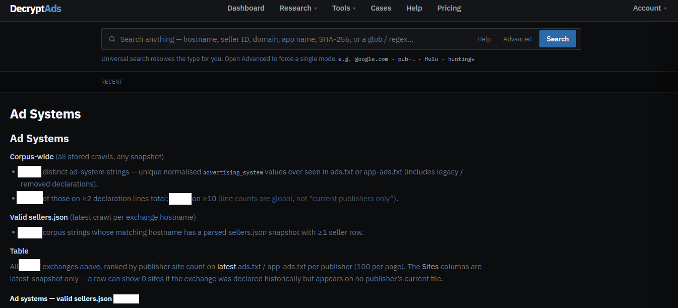 DecryptAds Ad Systems page with universal search