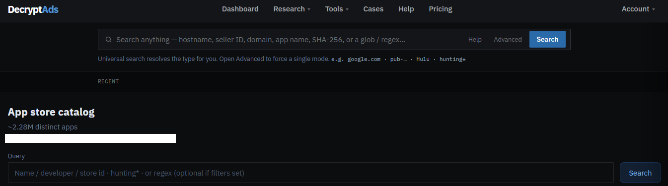 DecryptAds App store catalog search across 2M+ apps