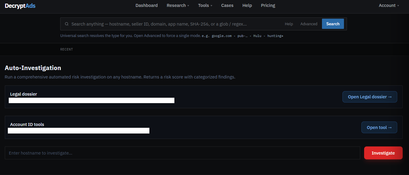 DecryptAds Auto-Investigation hostname risk tool