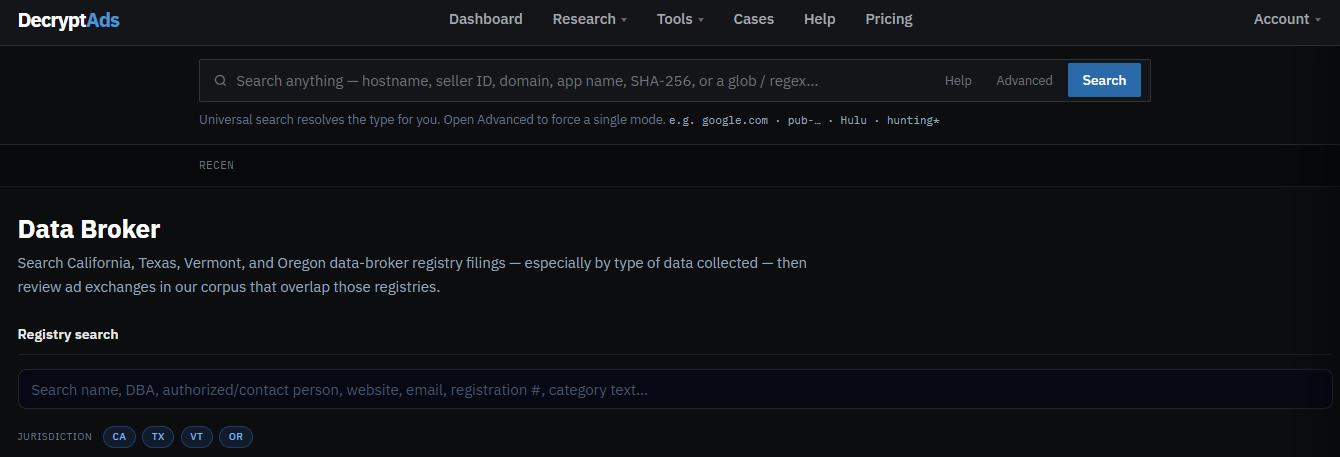 DecryptAds Data Broker registry search across CA, TX, VT, and OR