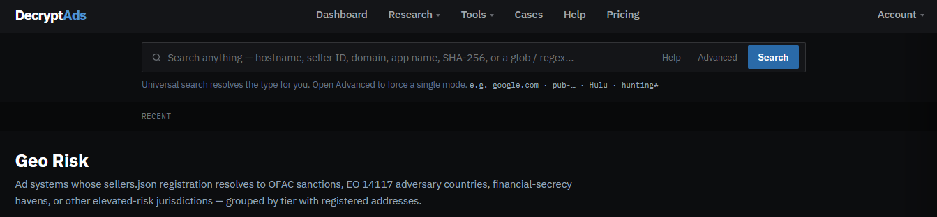 DecryptAds Geo Risk page for sanctioned and elevated-risk ad systems