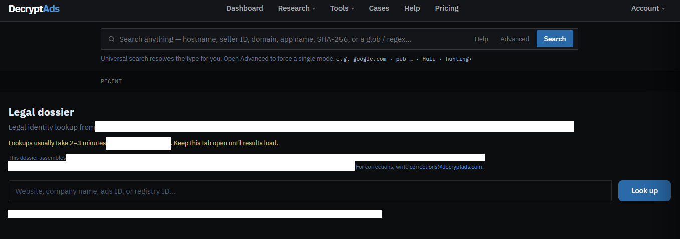 DecryptAds Legal dossier lookup for website, company name, ads ID, or registry ID