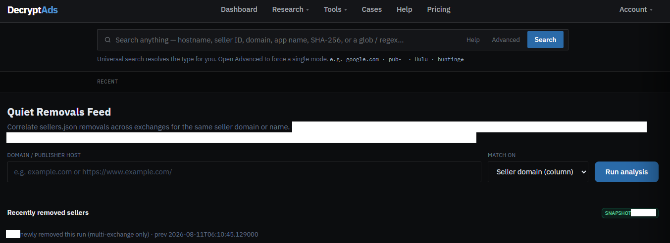 DecryptAds Quiet Removals Feed for multi-exchange seller removals