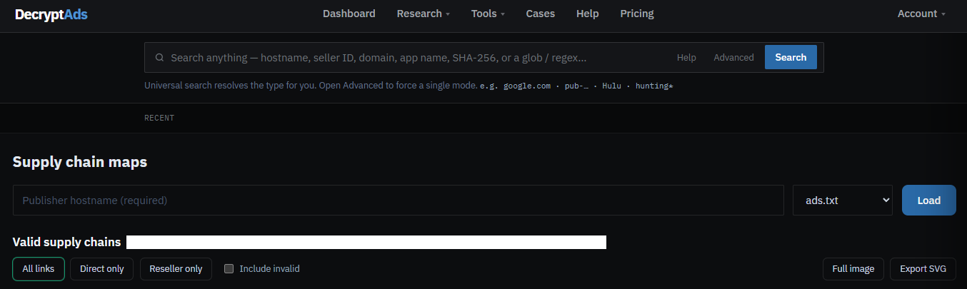 DecryptAds Supply chain maps tool for a publisher hostname