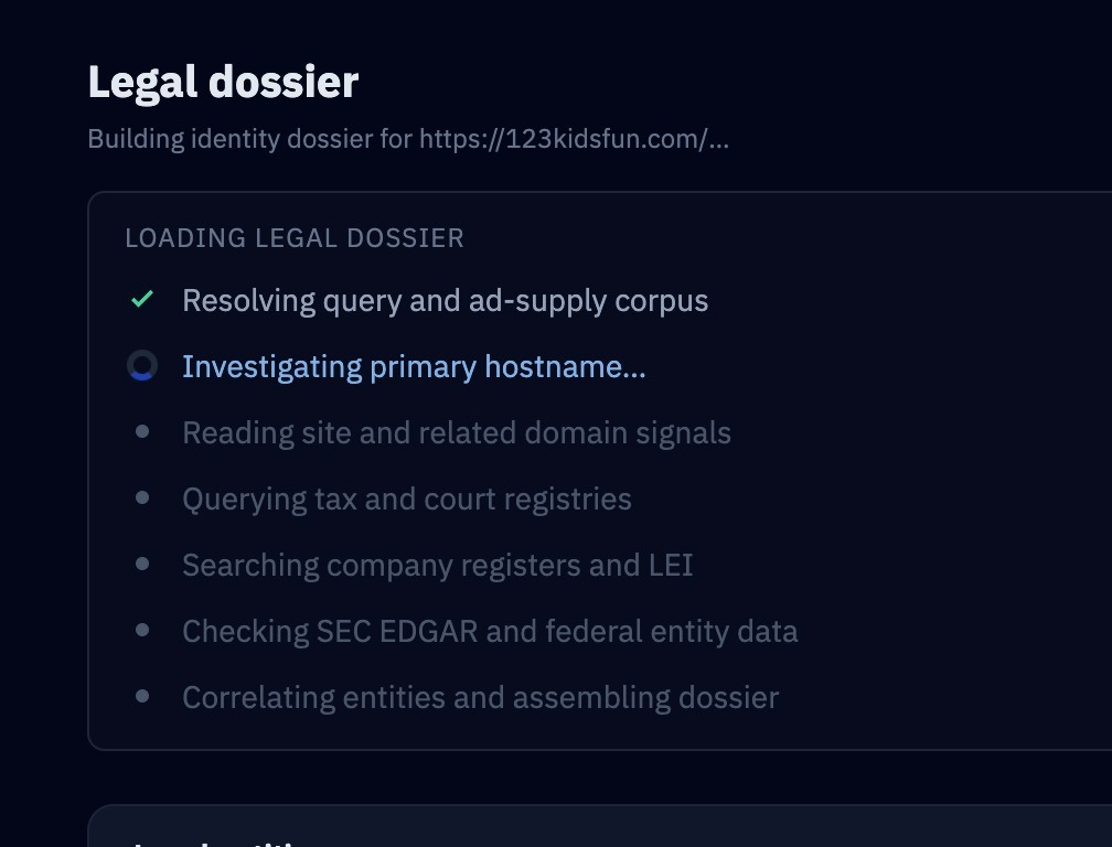 Legal dossier progress screen showing resolved corpus step and investigating primary hostname
